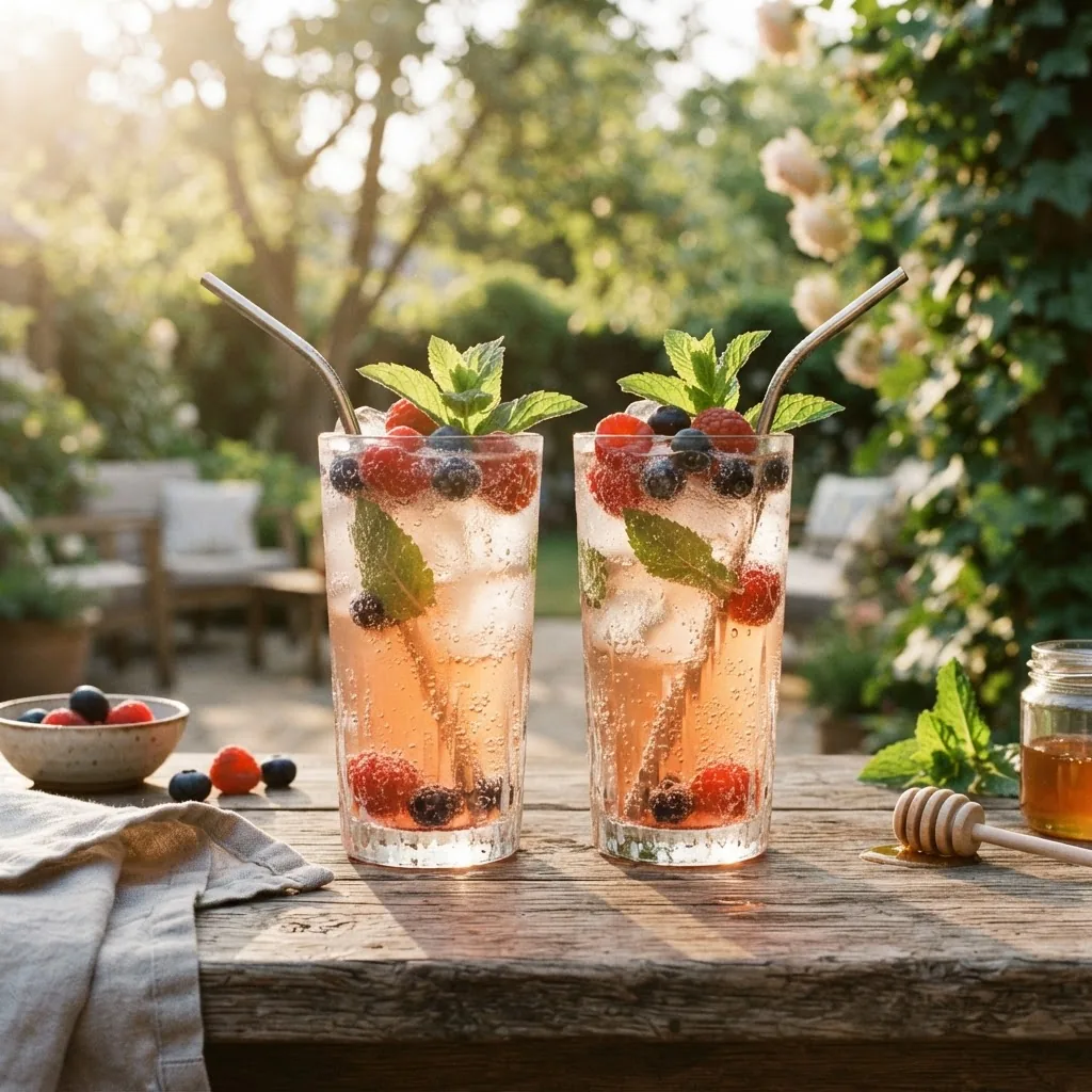 Glasses of sparkling kombucha with mint and berries