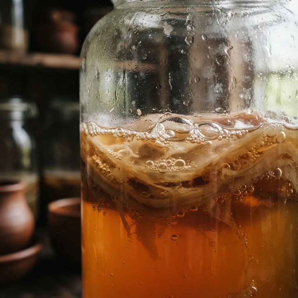 Macro of a kombucha SCOBY culture and bubbles