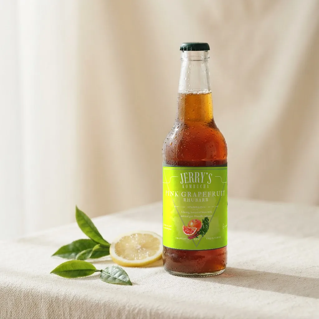 Glass bottle of amber craft kombucha with fresh tea and lemon