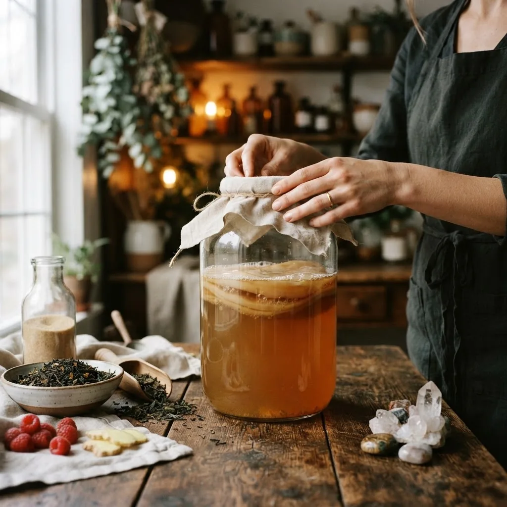 Hands tending a glass brewing jar of kombucha with a SCOBY culture